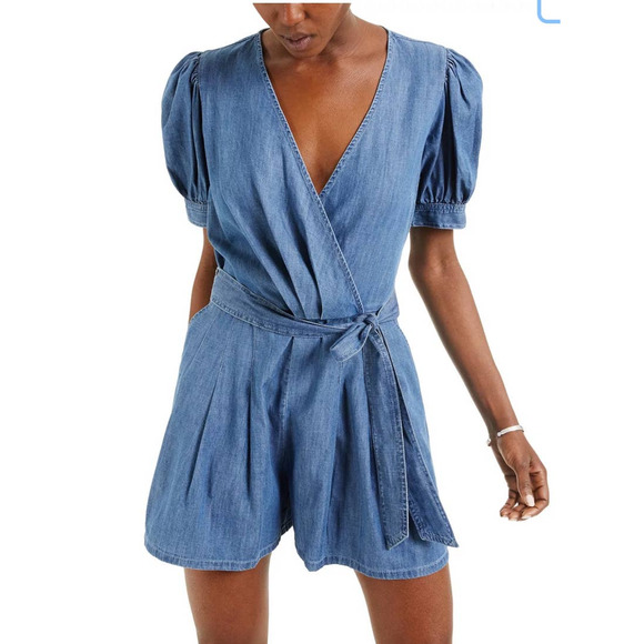 INC International Concepts Puff Sleeve Chambray Belted Romper - 2 - Picture 1 of 7